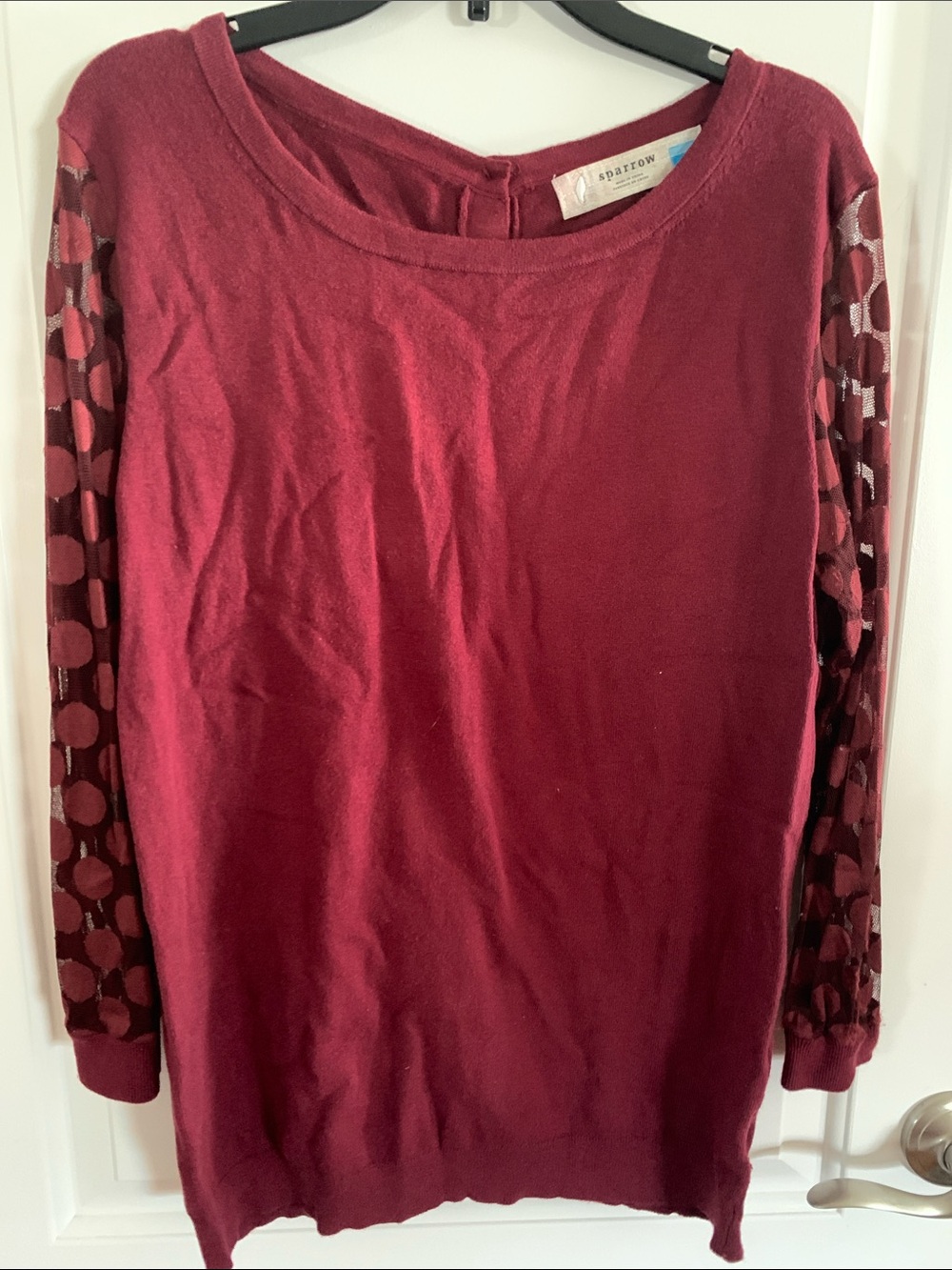 sparrow Wine Knit Top with Sheer Polka-Dot Sleeves